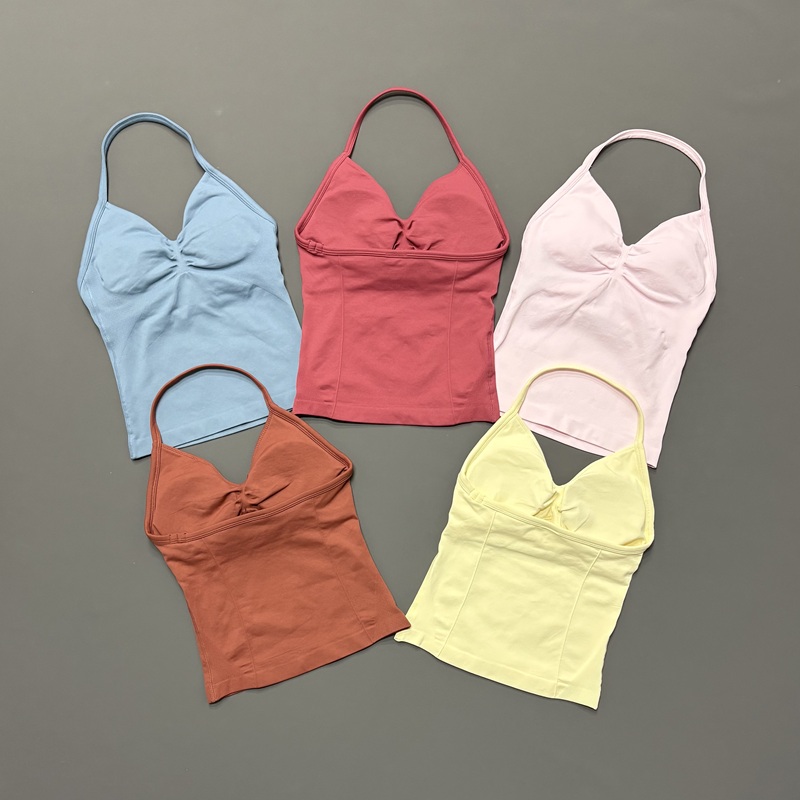 Crossfit Yoga - ジム女性用スポーツタンクトップ シームレス ホルターストラップ スパゲッティストラップ 取り外し可能なブラパッド付き 速乾性