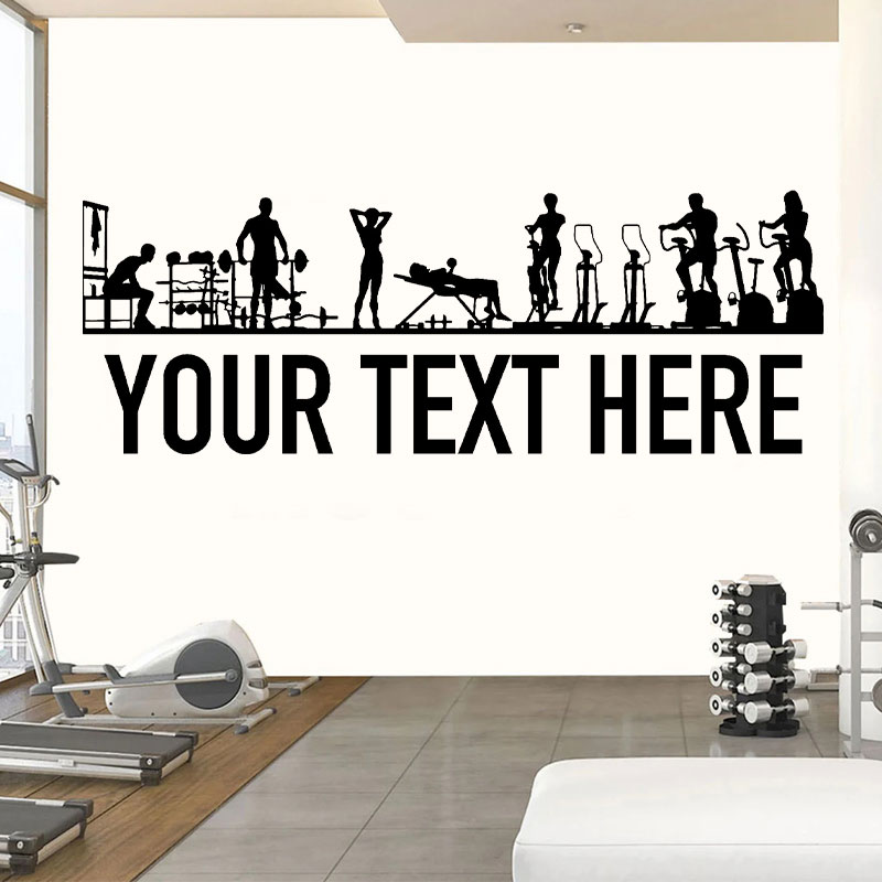 Crossfit Workout With Equipment - ジムの人々と機器のためのパーソナライズされたウォールステッカー,独自のテキストを追加,ジムの看板,フィットネス,クロスフィット,トレーニング用のビニールステッカー,z591