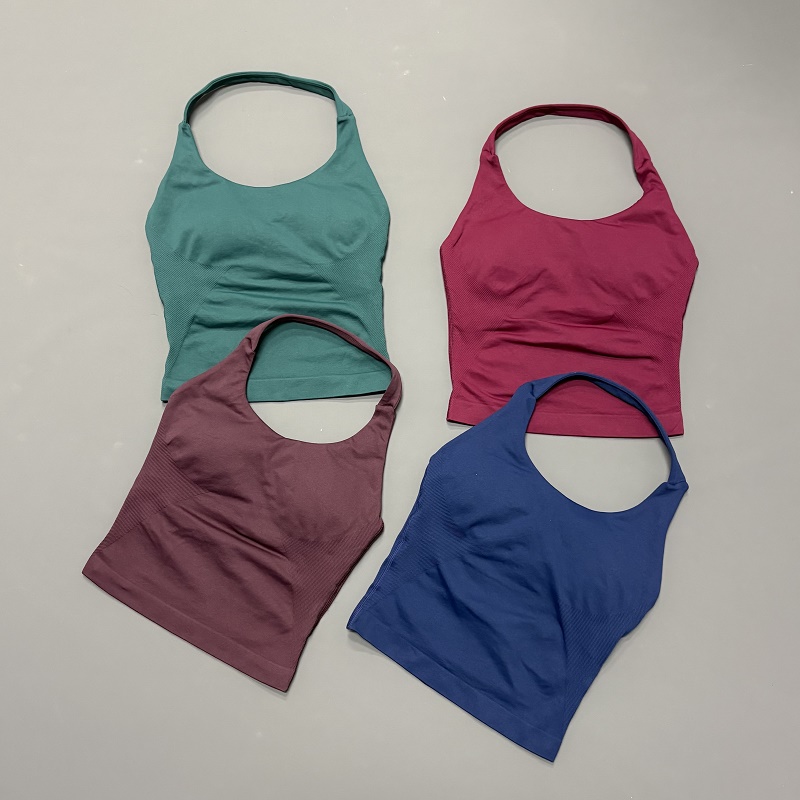 Crossfit Yoga - 女性用ホルターネックスポーツトップ シームレスヨガタンクトップ 内蔵パッド入り 高弾性スリムフィット ジムワークアウト フィットネス